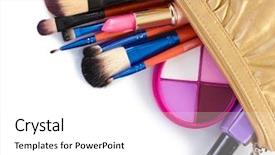  Presentation with cosmetics - Presentation theme featuring make up bag with cosmetics and brushes isolated on white background and a white colored foreground