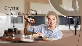 Presentation with eye shadow - Audience pleasing PPT theme consisting of make up blogger holding eye shadow palette backdrop and a coral colored foreground