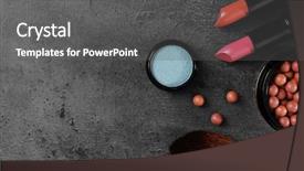  Presentation with eye shadow - Amazing presentation design having make-up brush lipsticks eye-shadow and blusher on grey background backdrop and a dark gray colored foreground