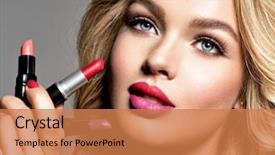  Presentation with makeup fashion model applying lipstick - PPT theme featuring make-up closeup portrait gorgeous background and a coral colored foreground
