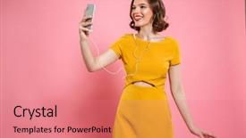  Presentation with pink musik - Beautiful PPT layouts featuring make up listening to music backdrop and a coral colored foreground