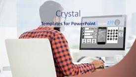  Presentation with smartphone app - Colorful slide deck enhanced with make your own app smartphone against white background with vignette backdrop and a sky blue colored foreground