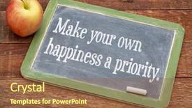  Presentation with barn wood - Audience pleasing theme consisting of make your own happiness priority - advice on a slate blackboard against red barn wood backdrop and a tawny brown colored foreground