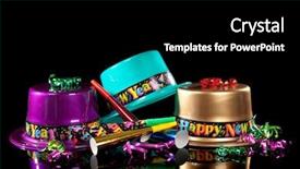  Presentation with new years - Amazing PPT theme having makerspace - colored new years eve hats backdrop and a black colored foreground