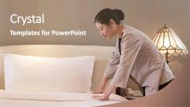  Presentation with modern chinese - Slide deck with makes bed in modern hotel background and a coral colored foreground