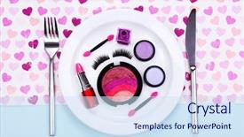  Presentation with makeup - Presentation design with makeup accessories on plate on colorful background background and a sky blue colored foreground