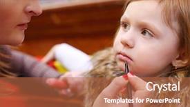  Presentation with makeup artist - Beautiful PPT theme featuring makeup artist applies lipstick to little redhead serious girl focus on girl backdrop and a red colored foreground