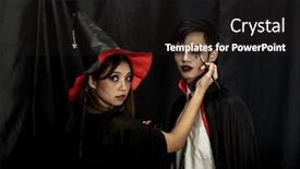  Presentation with makeup artist - Slide deck having makeup artist do asain teenager makeup for halloween costume as vampire prepare for carnival of halloween party background and a dark gray colored foreground