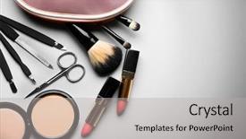  Presentation with cosmetics - Beautiful PPT layouts featuring makeup brushes - set of cosmetics on light backdrop and a light gray colored foreground
