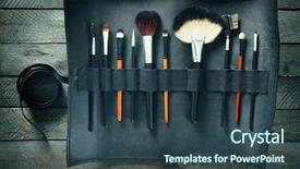  Presentation with brushes makeup - Colorful PPT layouts enhanced with makeup brushes in leather case on wooden background backdrop and a ocean colored foreground