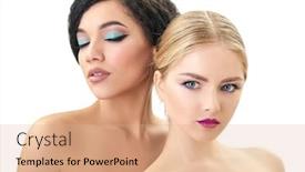  Presentation with beauty makeup - Theme with makeup double female portrait caucasian blond girl and beautiful afro-american young woman posing in studio over white background fashion beauty glam youth background and a coral colored foreground