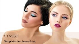  Presentation with beauty makeup - Slides having makeup double female portrait caucasian blond girl and beautiful afro-american young woman posing in studio over white background fashion beauty glam youth background and a coral colored foreground