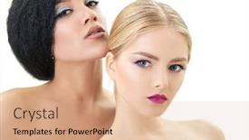  Presentation with beauty makeup - Theme enhanced with makeup double female portrait caucasian blond girl and beautiful afro-american young woman posing in studio over white background fashion beauty glam youth background and a coral colored foreground