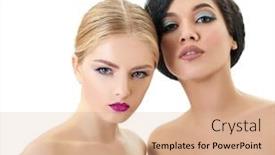  Presentation with beauty makeup - Beautiful slides featuring makeup double female portrait caucasian blond girl and beautiful afro-american young woman posing in studio over white background fashion beauty glam youth backdrop and a coral colored foreground