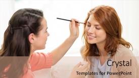  Presentation with friendship - Colorful slide set enhanced with makeup friendship and leisure concept - two smiling teenage girls applying make up at home backdrop and a coral colored foreground