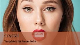  Presentation with brown paper history - PPT theme featuring makeup holding in her mouth background and a red colored foreground