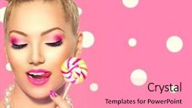  Presentation with lollipop - Slides featuring makeup over polka dots background and a coral colored foreground