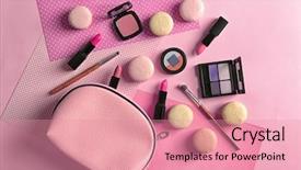  Presentation with makeup products - PPT theme consisting of makeup products with cosmetic bag background and a coral colored foreground
