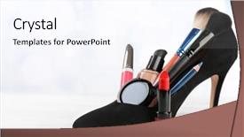  Presentation with brushes makeup - Amazing slides having makeup set with black woman's shoe brushes and cosmetics on white background backdrop and a sky blue colored foreground