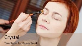  Presentation with eye shadow - Colorful PPT layouts enhanced with makeup technique applying eye shadow on redheaded woman backdrop and a coral colored foreground