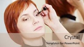  Presentation with eyelashes - Amazing theme having makeup technique mascara eyelashes of redheaded woman in beauty salon backdrop and a coral colored foreground