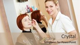  Presentation with eyelashes - Slides consisting of makeup technique specialist works with mascara eyelashes of redheaded woman in beauty salon background and a coral colored foreground