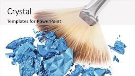  Presentation with eye shadow - Beautiful presentation design featuring makeup wide brush with blue crushed eye shadow isolated on white macro backdrop and a light gray colored foreground