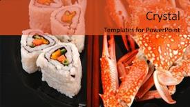  Presentation with salmon dish - Theme enhanced with maki rolls and california rolls made of fresh raw salmon tuna and eel on black dish with boiled crab maki sushi and nigiri background and a red colored foreground