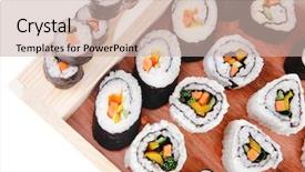  Presentation with fresh avocado - Slides featuring maki rolls and california rolls made of fresh raw salmon tuna and eel with cream cheese and avocado isolated over white background on wooden plate with live crab maki sushi and nigiri background and a soft green colored foreground