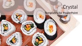  Presentation with fresh avocado - Audience pleasing PPT theme consisting of maki rolls and california rolls made of fresh raw salmon tuna and eel with cream cheese and avocado isolated over white background on wooden plate with live crab maki sushi and nigiri backdrop and a soft green colored foreground