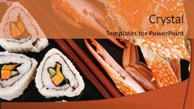  Presentation with salmon dish - Presentation theme featuring maki rolls and california rolls made of fresh raw salmon tuna and eel on black dish with boiled crab maki sushi and nigiri background and a gold colored foreground