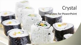  Presentation with fresh avocado - Colorful slide set enhanced with maki rolls and california rolls made of fresh raw salmon tuna and eel with cream cheese and avocado isolated over white background on wooden grid maki sushi and nigiri backdrop and a white colored foreground
