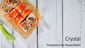  Presentation with california - Slide deck enhanced with maki rolls with raw trout background and a light gray colored foreground