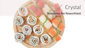  Presentation with fresh avocado - PPT theme consisting of maki sushi and nigiri - california maki roll made of fresh raw salmon cream cheese and avocado inside with nigiri sushi topped with salmon tuna and eel isolated over white background background and a lemonade colored foreground