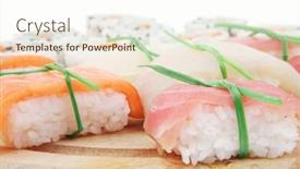  Presentation with fresh avocado - Presentation design having maki sushi and nigiri - california maki roll made of fresh raw salmon cream cheese and avocado inside with nigiri sushi topped with salmon tuna and eel isolated over white background background and a cream colored foreground