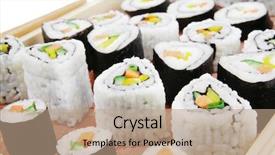  Presentation with fresh avocado - PPT theme featuring maki sushi and nigiri - maki rolls and california rolls made of fresh raw salmon tuna and eel with cream cheese and avocado isolated over white background on wooden plate background and a coral colored foreground