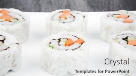  Presentation with fresh avocado - Amazing presentation having maki sushi - california roll made of fresh raw salmon cream cheese and avocado inside served with wasabi over black table on square white plate backdrop and a white colored foreground