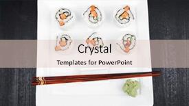  Presentation with fresh avocado - PPT layouts featuring maki sushi - california roll made of fresh raw salmon cream cheese and avocado inside served with wasabi over black table on square white plate background and a lemonade colored foreground