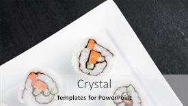  Presentation with fresh avocado - PPT layouts having maki sushi - california roll made of fresh raw salmon cream cheese and avocado inside served with wasabi over black table on square white plate background and a white colored foreground