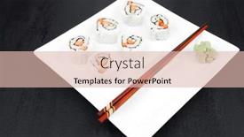  Presentation with fresh avocado - PPT theme featuring maki sushi - california roll made of fresh raw salmon cream cheese and avocado inside served with wasabi over black table on square white plate background and a lemonade colored foreground