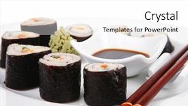  Presentation with salmon dish - Presentation theme having maki sushi maki rolls and california rolls made of fresh raw salmon sake tuna maguro and eel unagi on white dish with sticks isolated over white background background and a white colored foreground
