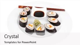  Presentation with salmon dish - Audience pleasing PPT layouts consisting of maki sushi maki rolls and california rolls made of fresh raw salmon sake tuna maguro and eel unagi on white dish with sticks isolated over white background backdrop and a white colored foreground