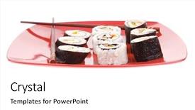  Presentation with salmon dish - Presentation featuring maki sushi maki rolls and california rolls made of fresh raw salmon tuna and eel on red dish with sticks isolated over white background background and a white colored foreground