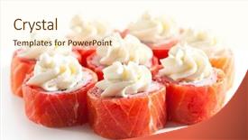  Presentation with philadelphia - Colorful presentation theme enhanced with maki sushi - philadelphia roll made of cream cheese inside fresh raw salmon outside backdrop and a cream colored foreground