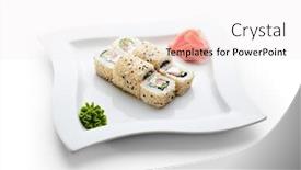  Presentation with cucumber cream - Beautiful slides featuring maki sushi - roll made of smoked salmon cream cheese cucumber and spring onion inside sesame ouside backdrop and a white colored foreground