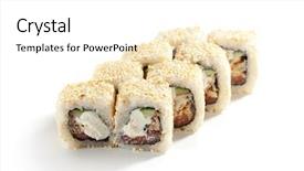  Presentation with cucumber cream - Beautiful theme featuring maki sushi - roll made of smoked salmon cream cheese cucumber inside sesame ouside backdrop and a white colored foreground