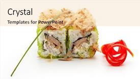  Presentation with cucumber cream - Colorful slides enhanced with maki sushi - roll with fried tuna cucumber cream cheese and tobiko inside topped with dried shaved bonito backdrop and a lemonade colored foreground