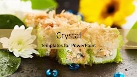  Presentation with cucumber cream - Colorful theme enhanced with maki sushi - roll with fried tuna cucumber cream cheese and tobiko inside topped with dried shaved bonito backdrop and a yellow colored foreground