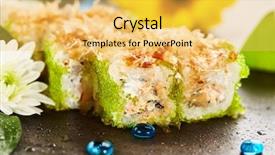  Presentation with cucumber cream - PPT theme enhanced with maki sushi - roll with fried tuna cucumber cream cheese and tobiko inside topped with dried shaved bonito background and a yellow colored foreground