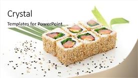  Presentation with seaweed - Beautiful PPT layouts featuring maki sushi - roll with smoked salmon sweet pepper salad leaf and chuka seaweed inside sesame outside served with banana leaf backdrop and a white colored foreground